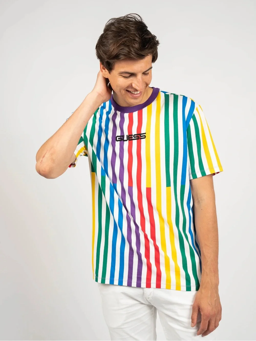 Guess x J Balvin La Familia Rainbow Striped Shirt Multicolor Size M - Picture 1 of 6